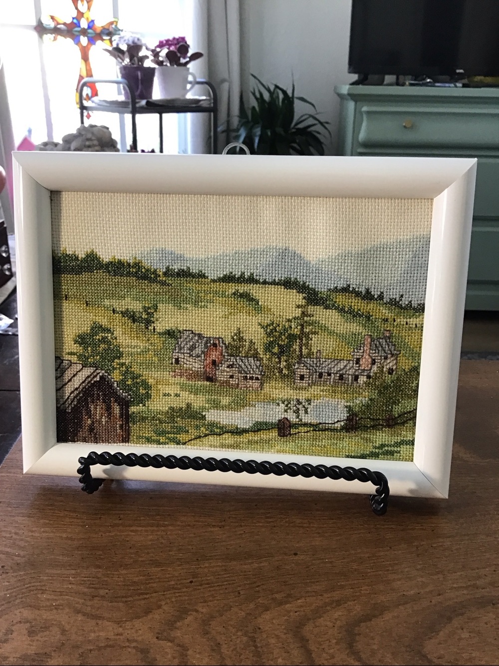 Vintage Handmade Framed completed countryside landscape cross-stitch piece. - Picture 4 of 10